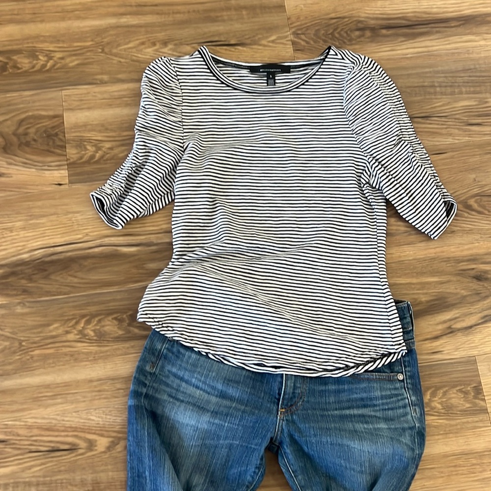 Black and White Stripes! White House Black Market shirred sleeve crewneck tee